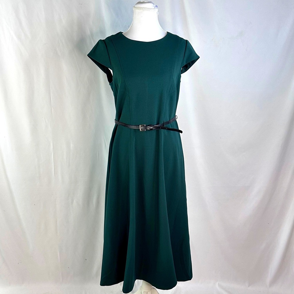 Tommy Hilfiger 8 Midi Dress Hunter Green Belted Cap Sleeve Holiday Jewel Toned